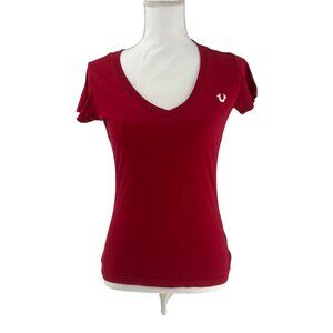 True Religion Womens Red V-Neck T-Shirt Short Sleeve Graphic Logo Size Small